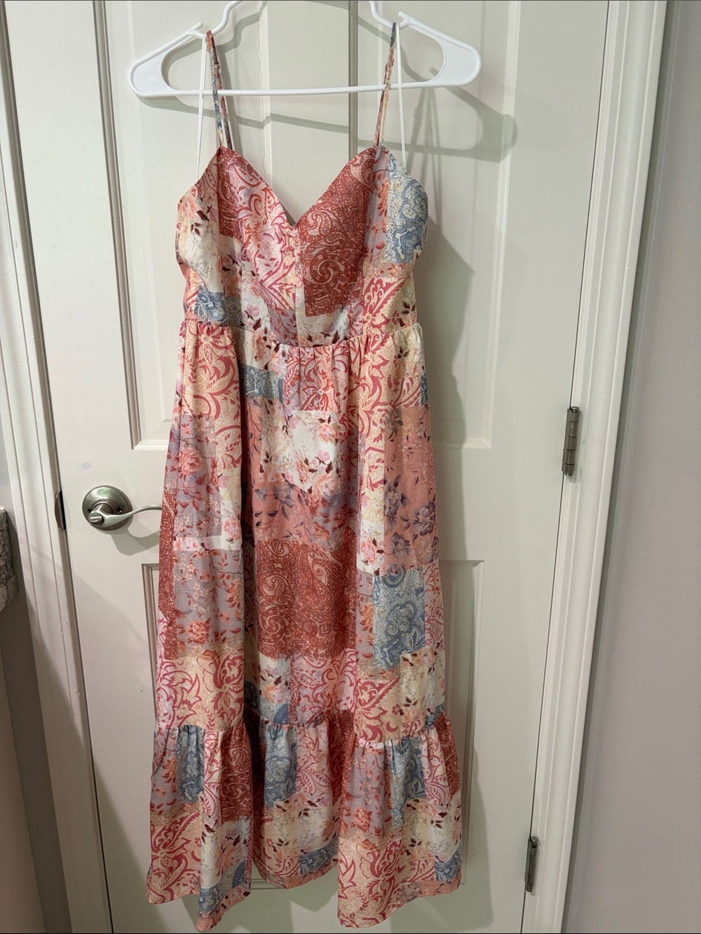 Floral Patchwork Spaghetti Strap Midi Dress - Pink Multicolor